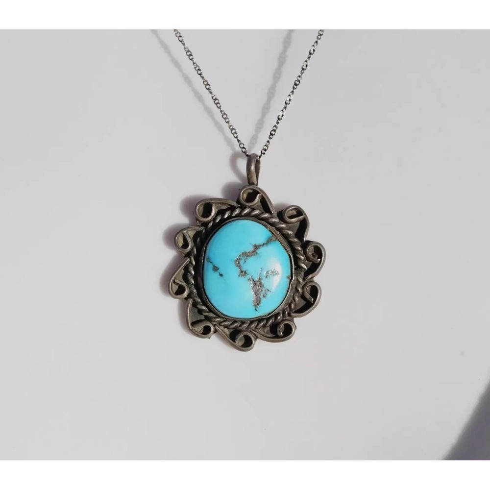 Old‎ Pawn Native American Indian Sterling Silver 925 Turquoise Oval Pendant